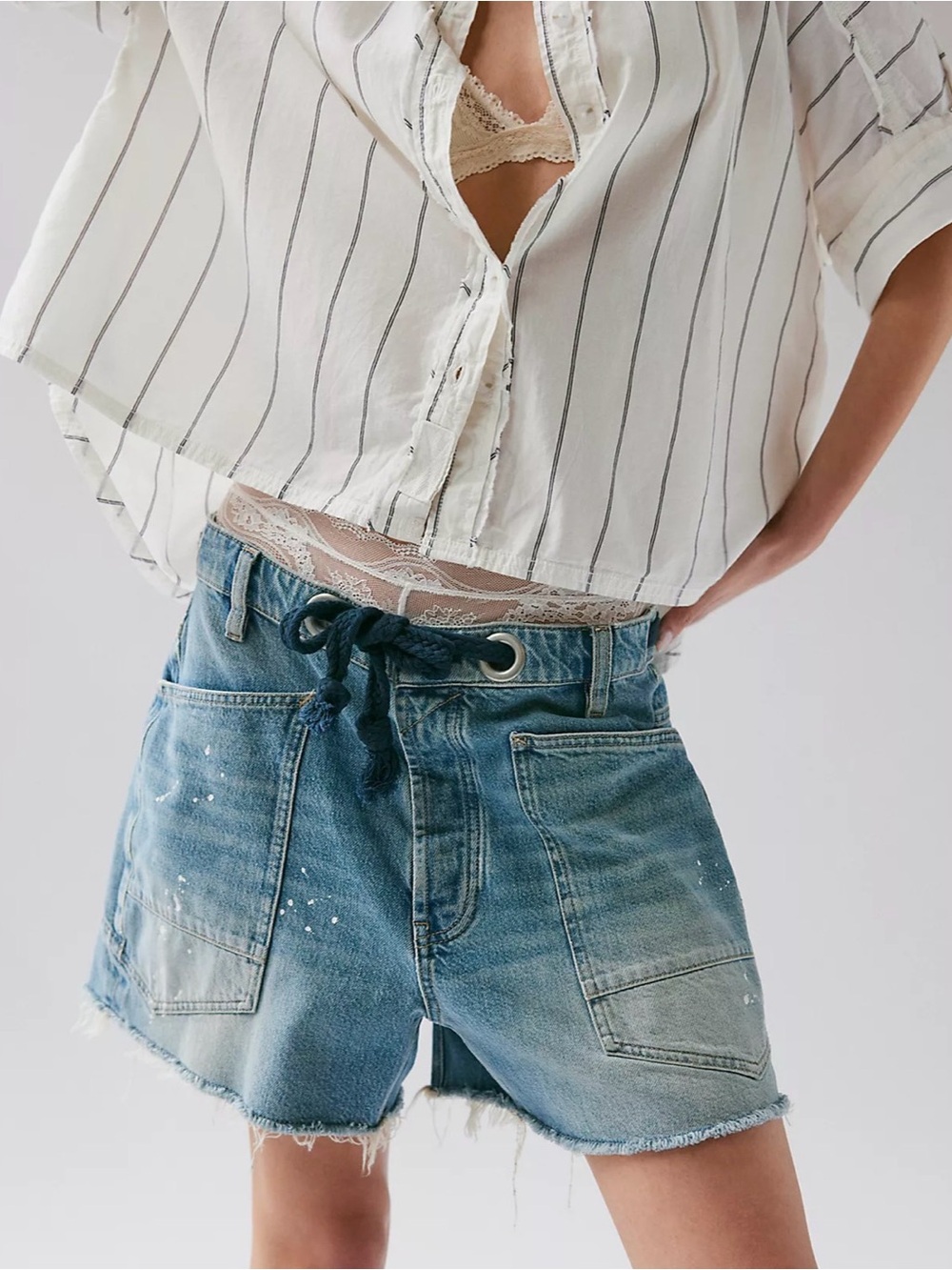 Denim Drawstring Utility Shorts - Light Blue